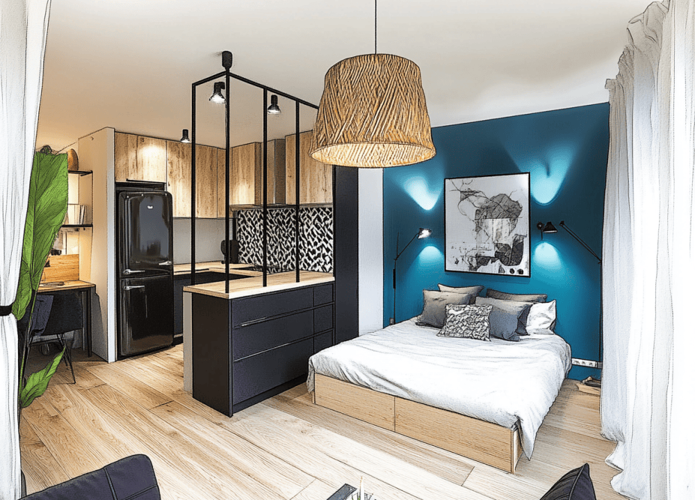 Illustration d’un studio optimisé avec un agencement multifonctionnel. Une verrière ajourée sépare la cuisine du coin nuit, tandis qu’un espace de travail est aménagé dans un coin. Ambiance moderne avec des touches bois et noir, contrastée par un mur bleu profond.