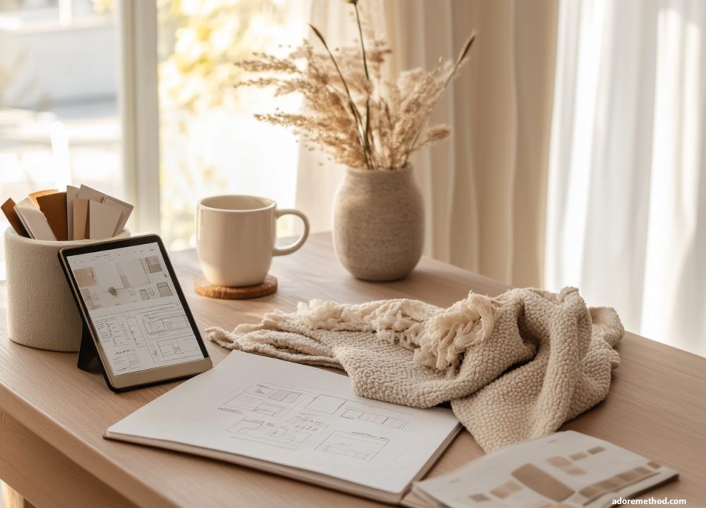 Un bureau lumineux et inspirant avec un carnet ouvert montrant des plans, une tablette affichant un projet d’aménagement, un nuancier de couleurs, une tasse de café et un plaid en laine, créant une atmosphère cosy et créative.