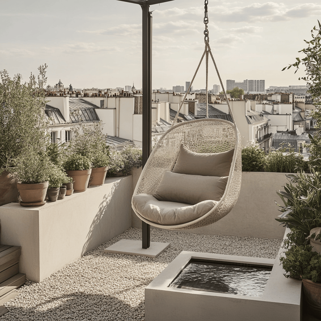 Fauteuil suspendu sur une terrasse avec une petite fontaine en arrière-plan.