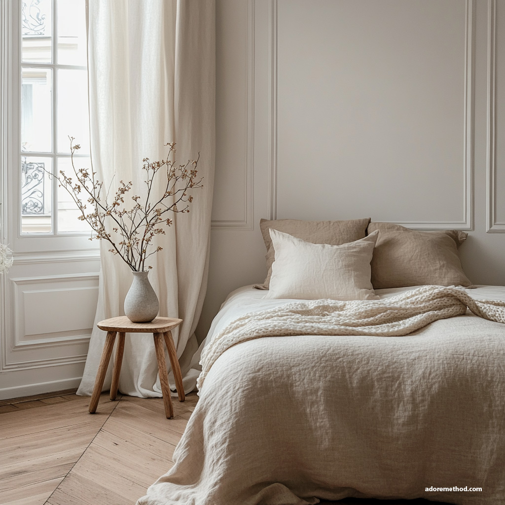 Chambre classique avec moulures, textiles en lin et table en bois.