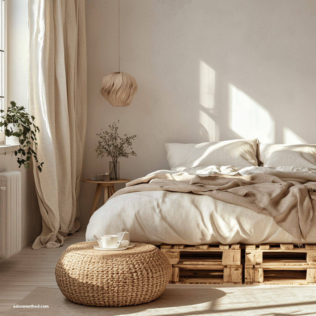 Lit plateforme en palettes avec textiles naturels dans une chambre lumineuse.