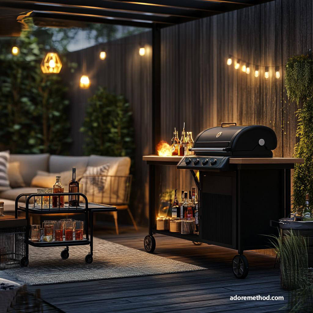 Un espace extérieur cosy avec un barbecue moderne et un chariot de service rempli de boissons, éclairé par des guirlandes lumineuses pour une ambiance chaleureuse.