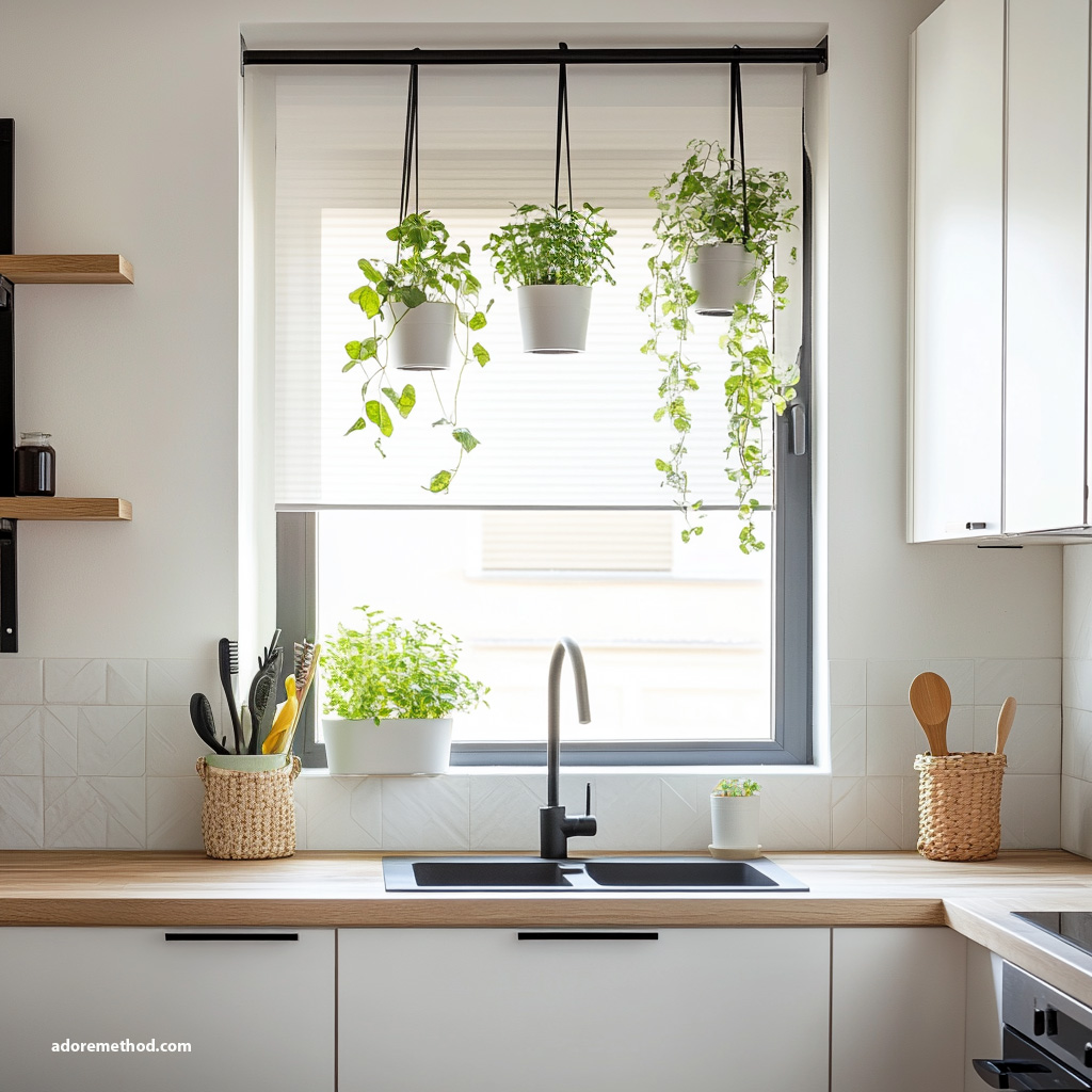 Plantes suspendues devant une fenêtre de cuisine moderne.