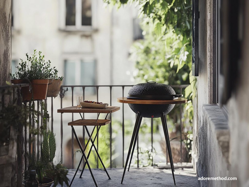 Petit balcon avec barbecue kamado et table pliante en bois.
