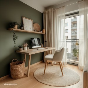 Petit bureau lumineux avec mur vert kaki, mobilier en bois clair et tapis rond en jute.