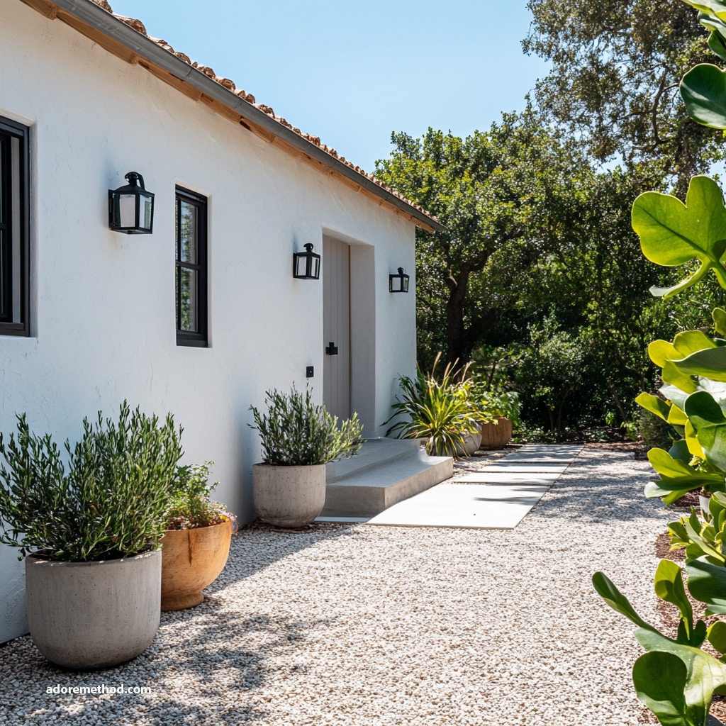 Allée minimaliste en gravier avec pots en terre cuite et plantes vertes devant une maison blanche.