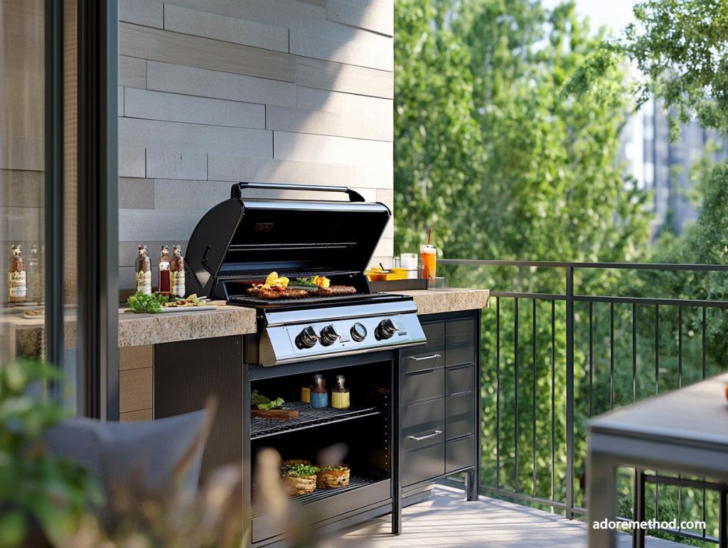 Barbecue moderne sur une terrasse avec des grillades et des légumes colorés en pleine cuisson.