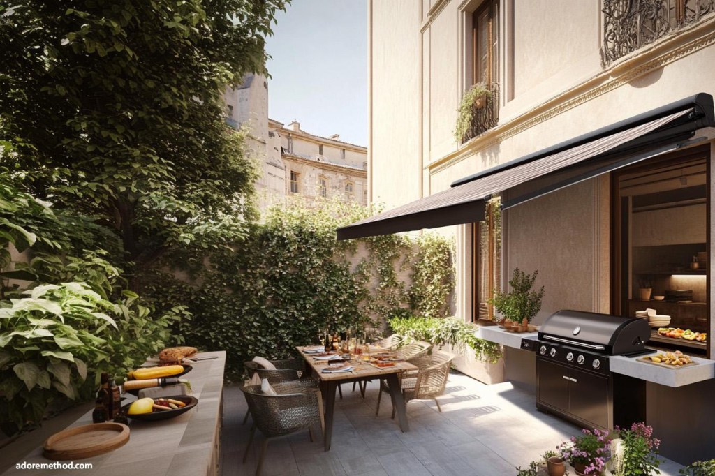 Terrasse avec store banne et espace barbecue