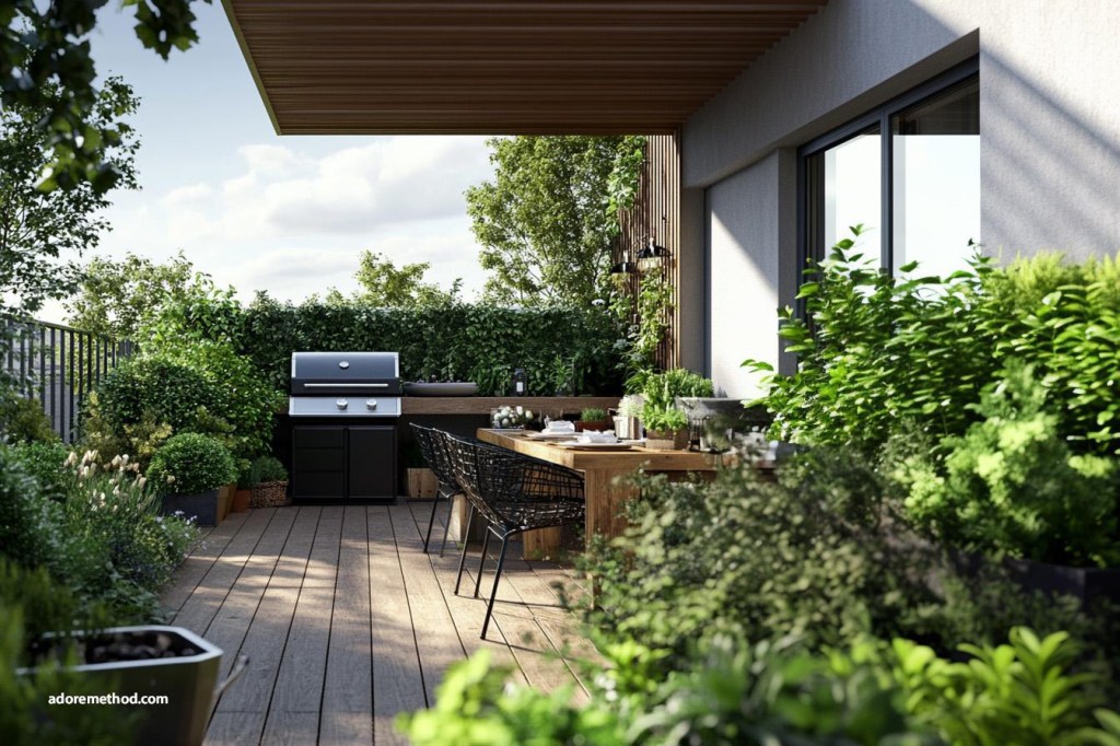Terrasse verdoyante avec barbecue et coin repas en bois sous une pergola