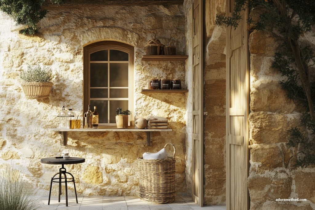 Terrasse en pierre avec étagères en bois et décoration méditerranéenne.