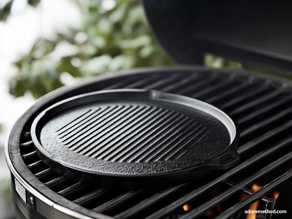 Une plaque en fonte posée sur un barbecue, prête à être utilisée. Cet accessoire facilite la cuisson et simplifie le nettoyage après les grillades.