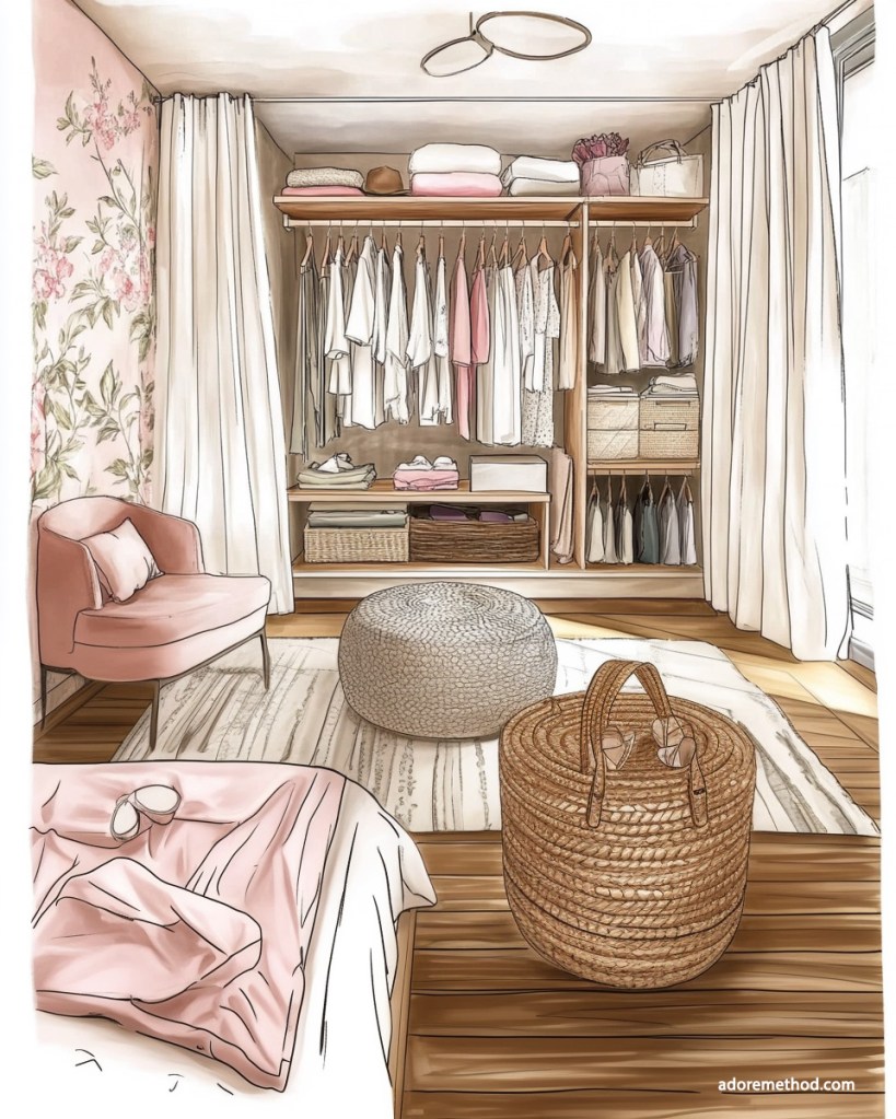 Illustration d’un dressing ouvert élégant avec des rangements optimisés, un fauteuil rose poudré et des rideaux pour moduler l’espace. Une ambiance douce et organisée inspirée de la méthode ADORE.