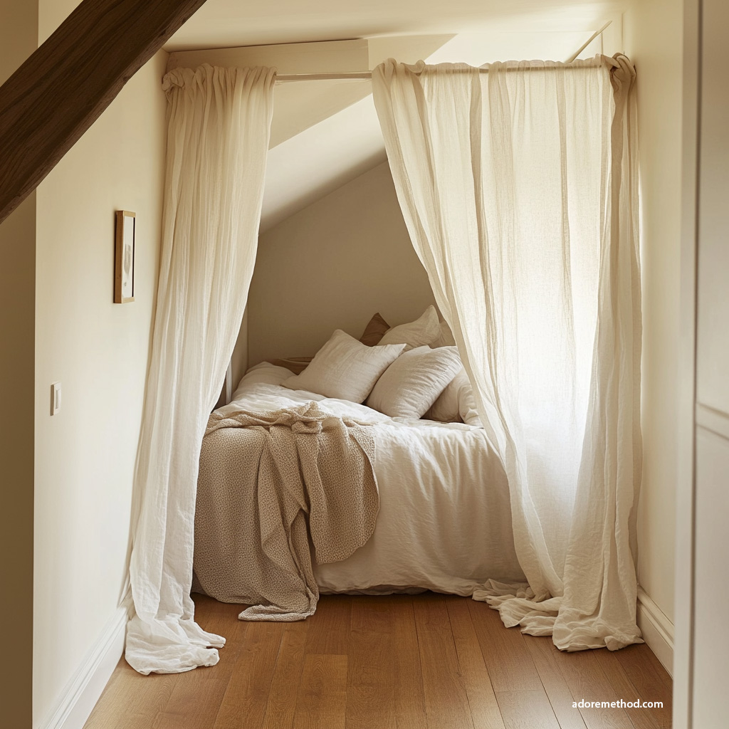 Coin nuit sous les combles avec lit cocooning entouré de rideaux en lin.