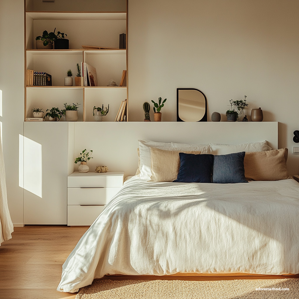 Chambre lumineuse avec rangements intégrés et étagères modernes.