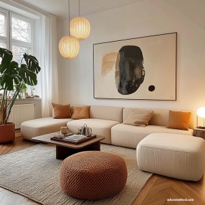 Salon minimaliste et chaleureux avec des teintes terreuses, des matériaux naturels et une touche contemporaine.