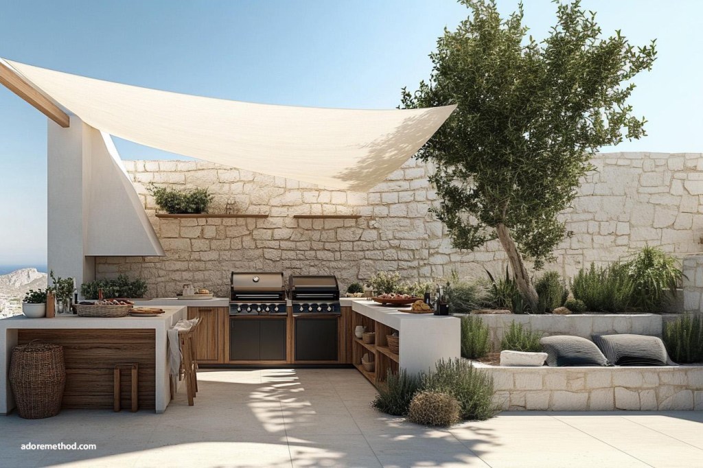 Cuisine d'extérieur avec mur en pierre avec barbecue et voile d'ombrage