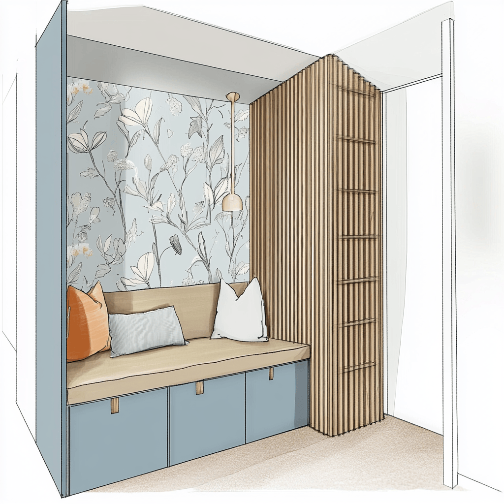 Illustration d’un espace optimisé avec un banc intégré, des rangements dissimulés et une cloison en tasseaux de bois. Un aménagement astucieux inspiré de la méthode ADORE pour structurer et embellir un intérieur.