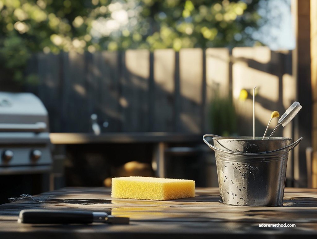 Un seau en métal avec des brosses de nettoyage, une éponge jaune et un couteau posés sur une table extérieure, avec un barbecue en arrière-plan.
