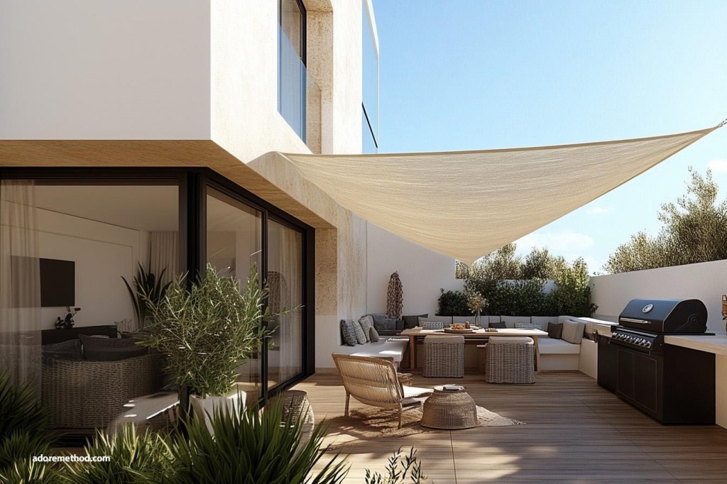 Terrasse moderne avec voile d’ombrage et barbecue intégré